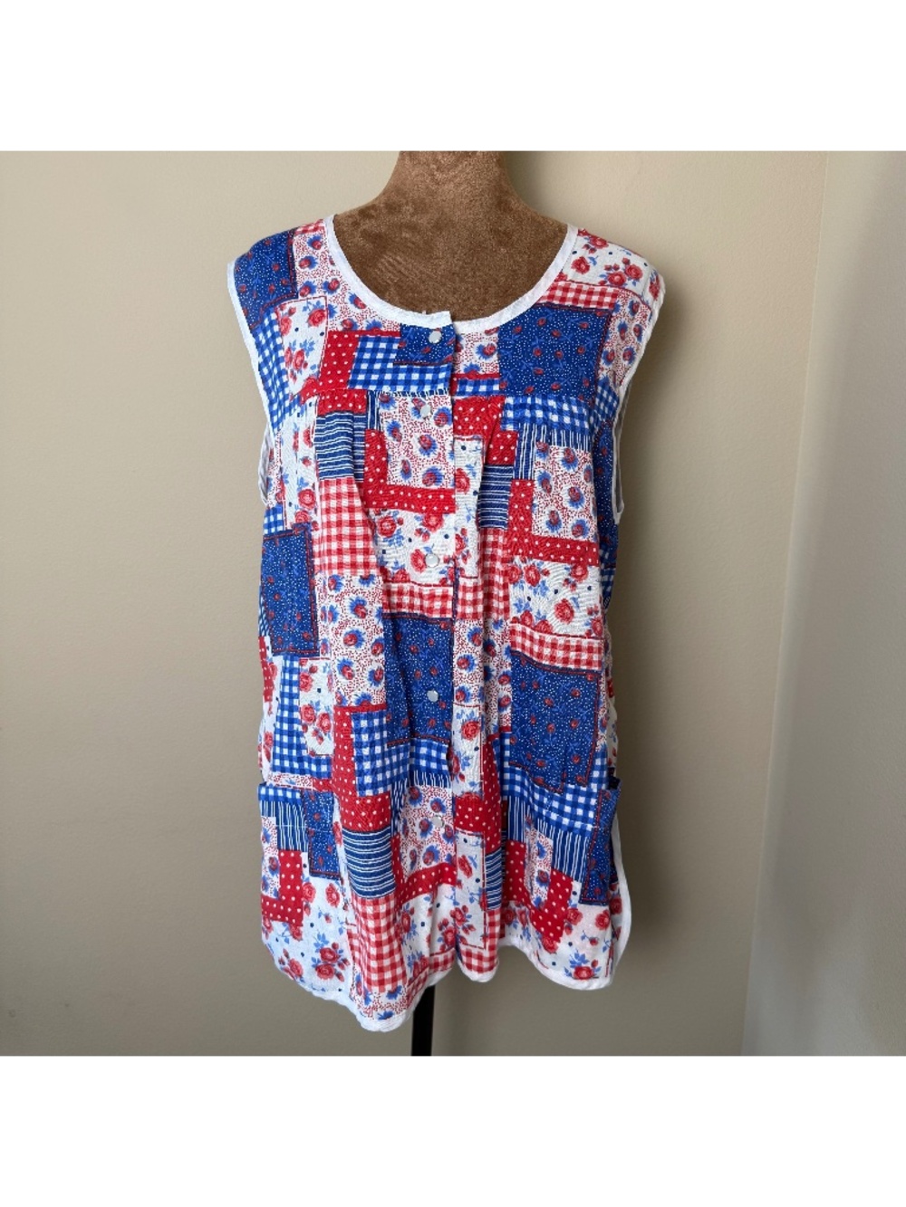 Vintage Moon Dance Smock Work Apron Large Red Blue Patchwork Floral Pearl Snap